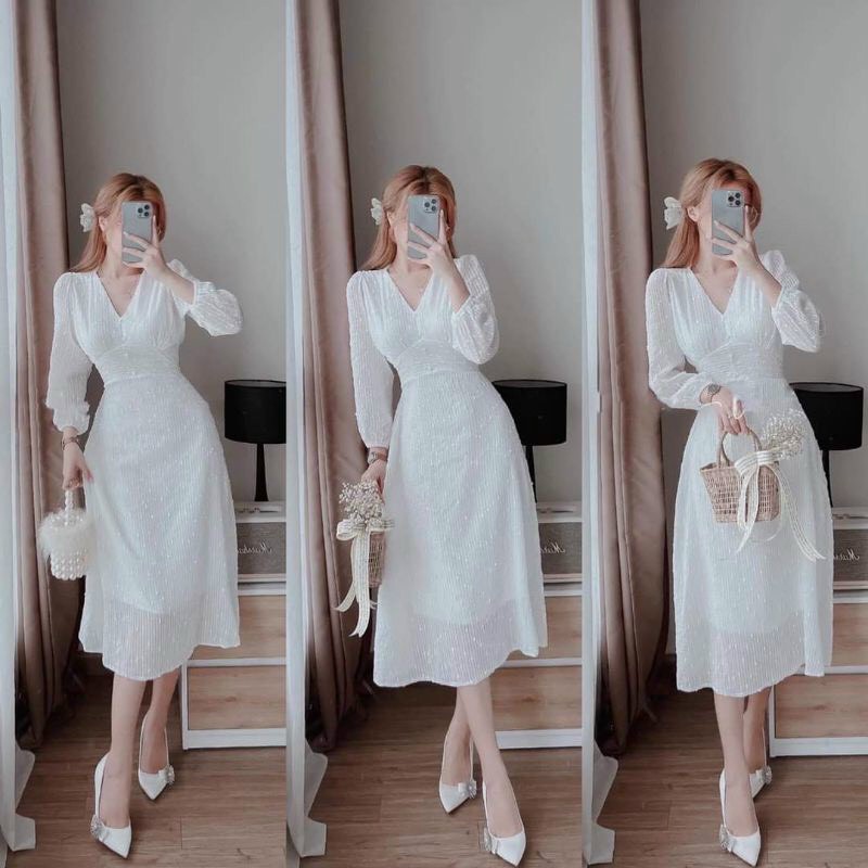 ĐẦM TIỂU THƯ TRẮNG ĐI TIỆC DÁNG XOÈ DÀI QUA GỐI, TAY DÀI PHỒNG NHẸ BO CHUN SIÊU ĐẸP (CÓ ẢNH THẬT)