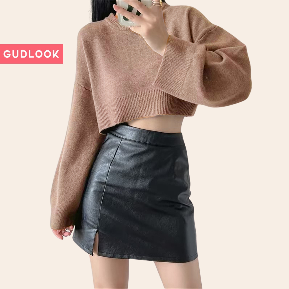 Áo len croptop nữ cổ tròn dáng lửng gudlook chất vải mềm mịn