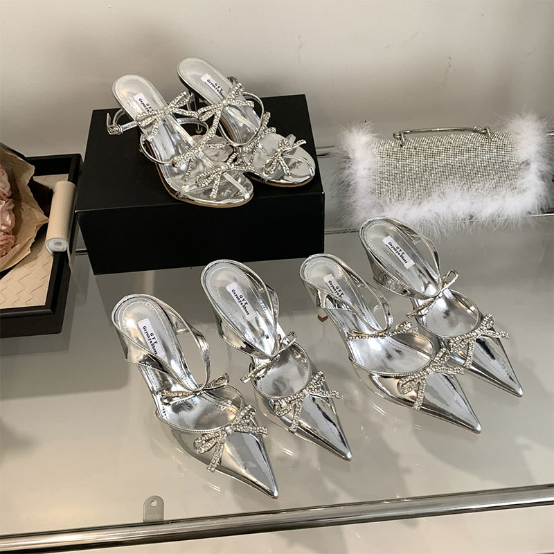 Women's high heels high-end silver rhinestone bow pointed heels