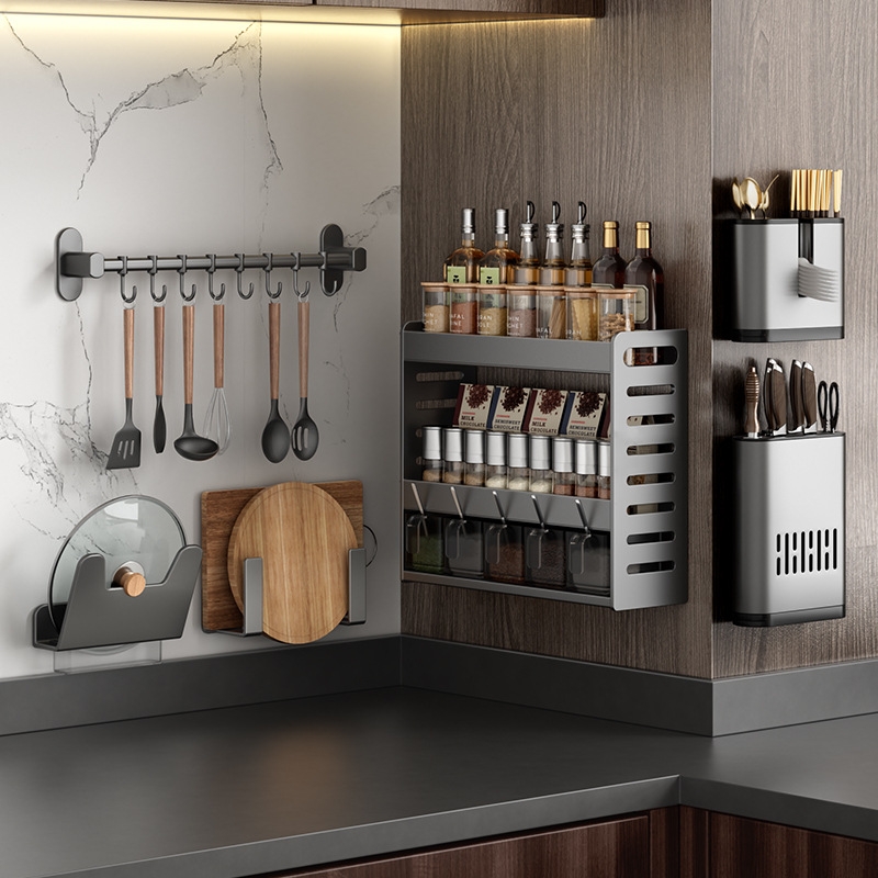 Kitchen shelves, non-perforated, multi-layer countertops, wall-mounted condiment bottles and jars, save space,spice storage boxes, hanging shelves