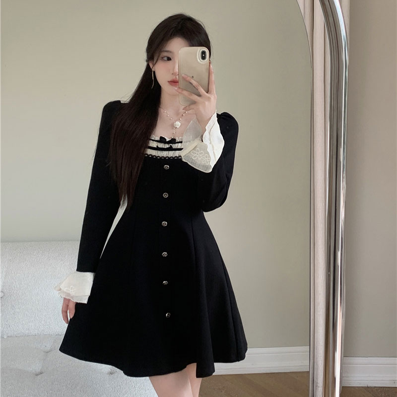 DUOHANZI Hepburn-style square-neck black dress for women, high-end, sweet, waist-cinching A-line skirt