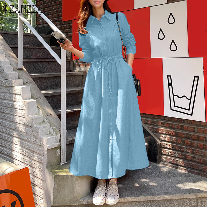 ZANZEA%20Korean%20Style%20Women%20Girlish%20Streetwear%20Lapel%20A-Line%20Long%20Dresses%20Full%20Sleeve%20Drawstring%20Solid%20Dress%20-%20Image%202