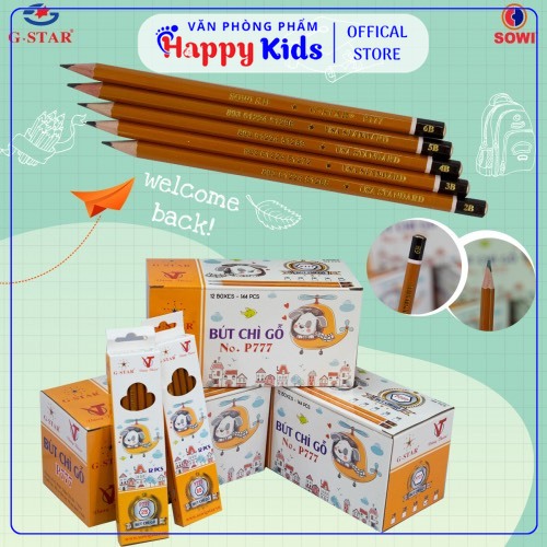 Hộp 12 Cây Bút Chì Gỗ Gstar P777 (2B-6B) - Màu Chì Đậm, Dễ Chuốt, Chuốt Không Gãy - VPP Happy Kids