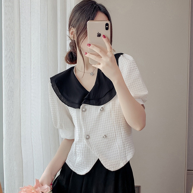 YIGE Summer new white top Korean style V-neck stitching double-breasted short blouse