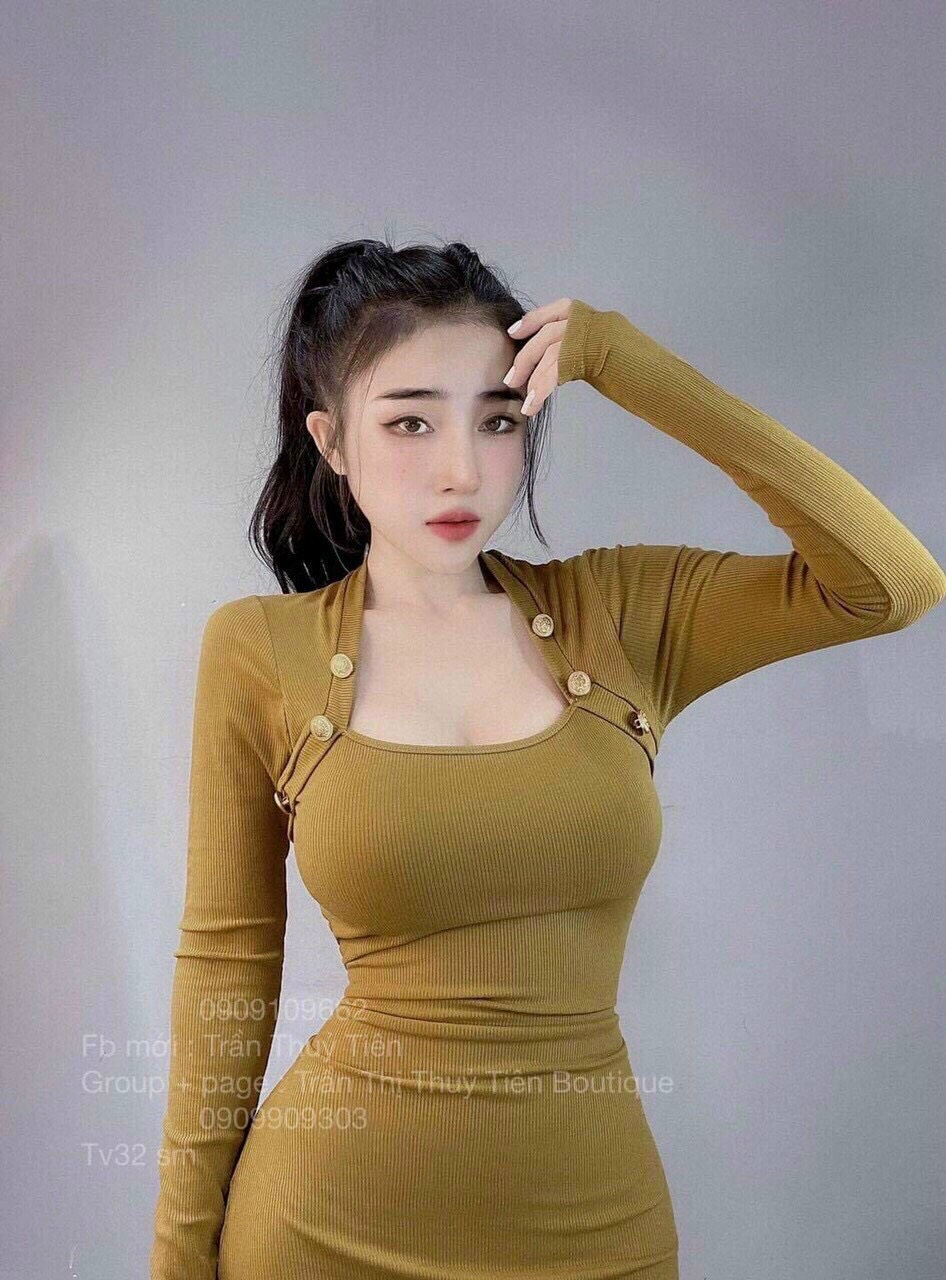 [Free Ship 2024] Đầm Thun Body Tay Dài Nút Cổ Phối Chất Vải Mềm Mịn