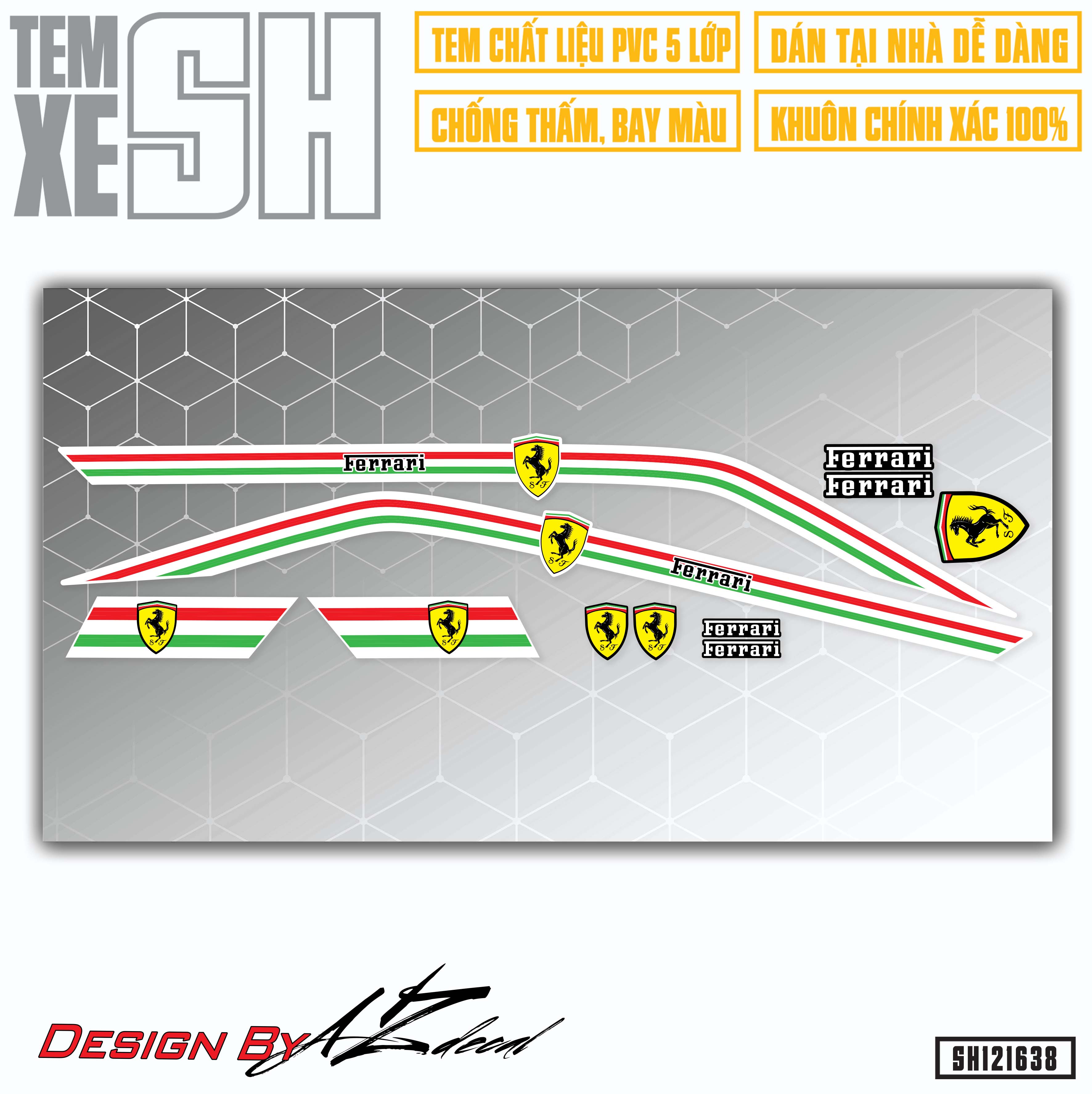 Tem Rời Dán Xe SH Mẫu Ferari Độc Đáo | SH38 | Decal Chế Dán Xe SH Chống Nước, Bền Màu Dán Xe Đen, Trắng, Đỏ - Azdecal