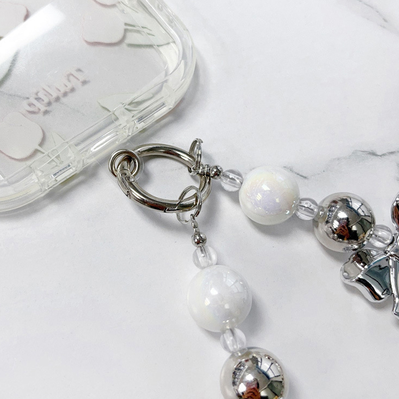 Y2K Silver Bow Beaded Phone Case Lanyard Stylish Bead Phone Chain Wrist Band Anti Lost Phone Strap Earphone Pendant Keychain. 