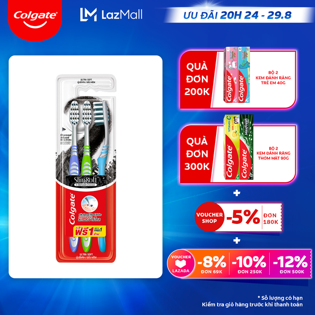 Set of 3 Colgate Slimsoft brushes with soft bristles with activated carbon