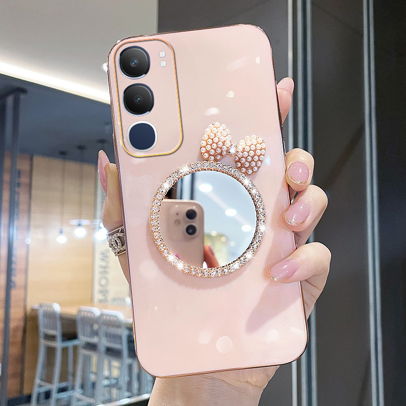 New Phone case Vivo Y29 Back cover with Bow Makeup Mirror Luxury Shiny Gradient Clear Soft 6D Plating Girls Slim for VIVO Y29 5G case.