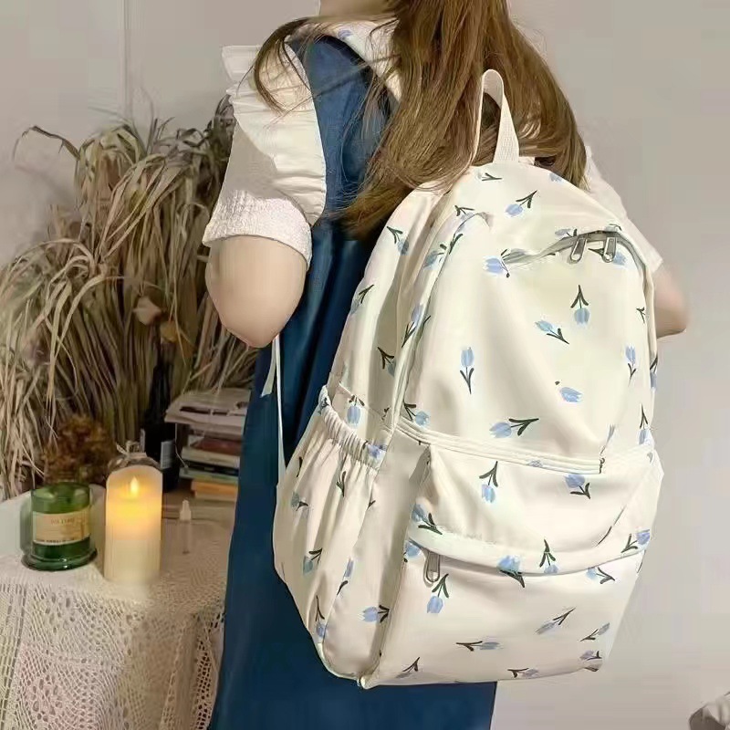 School bag, women's ins, Korean girl, small fresh literary student, backpack, tulip, floral, college-style backpack.