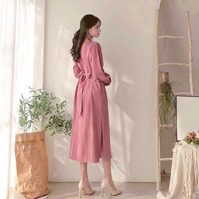 Đầm hồng ruốc tay dài