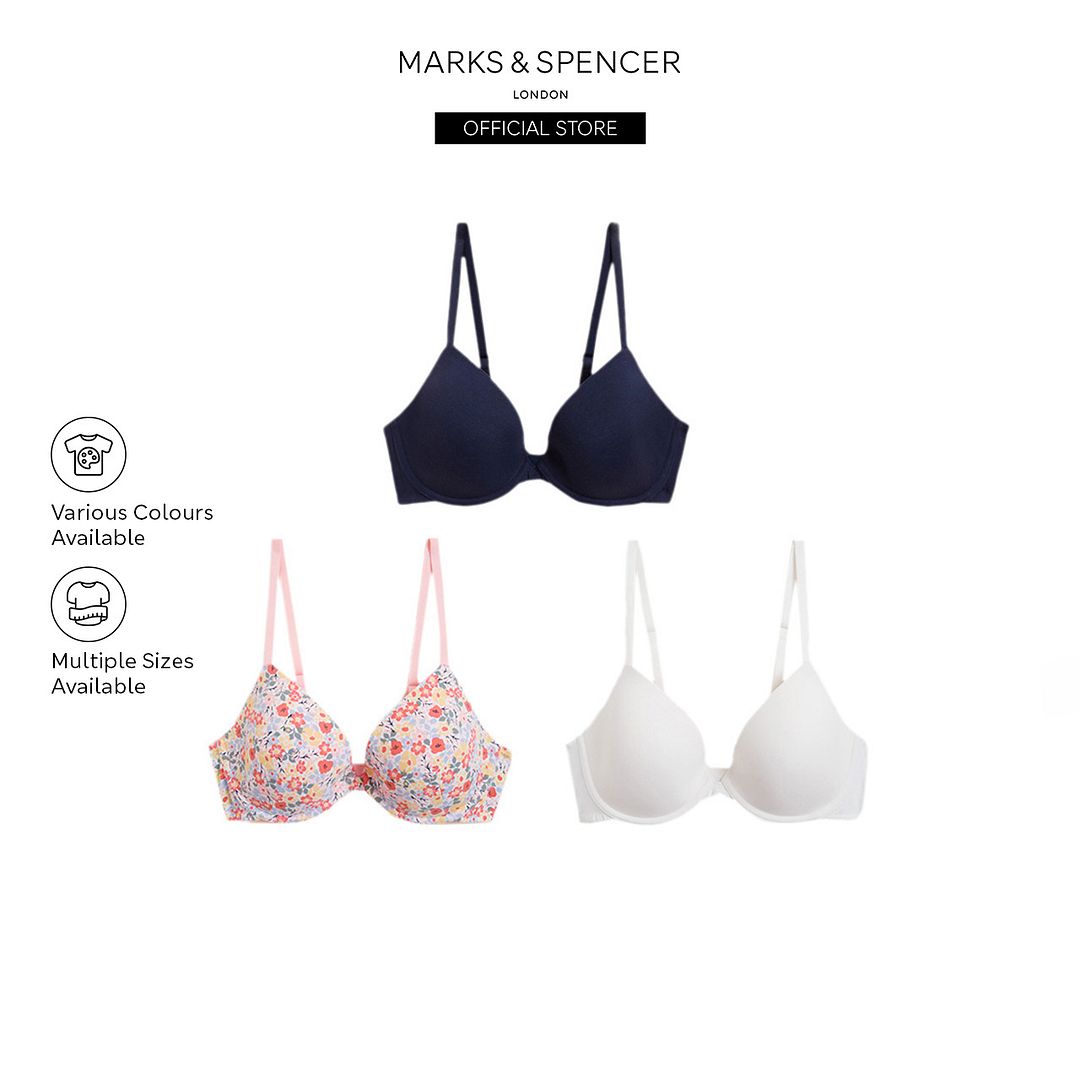 M&S 3pk Cotton Wired Push-Up Bras A-E