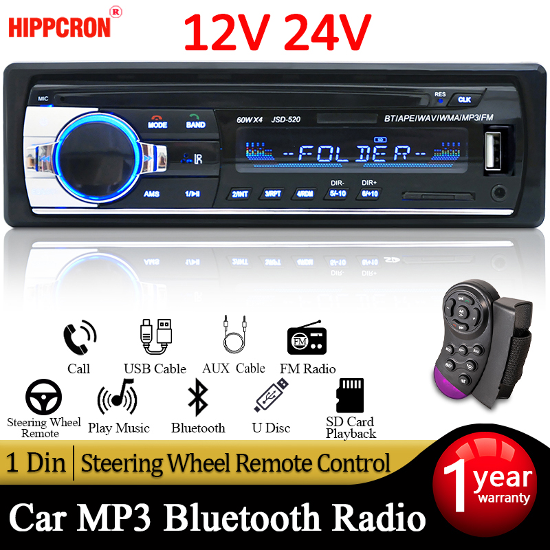 Máy Nghe Nhạc MP3 Đài Phát Thanh Xe Hơi 12V 24V 1 Din Âm Thanh Nổi FM Kỹ Thuật Số Một 1Din Nhạc Bluetooth USB SD Với Khe Cắm Dash Đầu Vào AUX