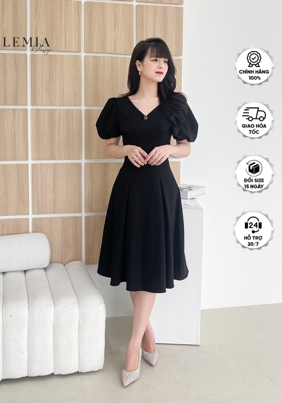 [VOUCHER 12%/149K] Váy Xếp Ly Cổ V Tay Bồng Công Sở Kiểu Dáng Basic By LEMIA Design - 22V041
