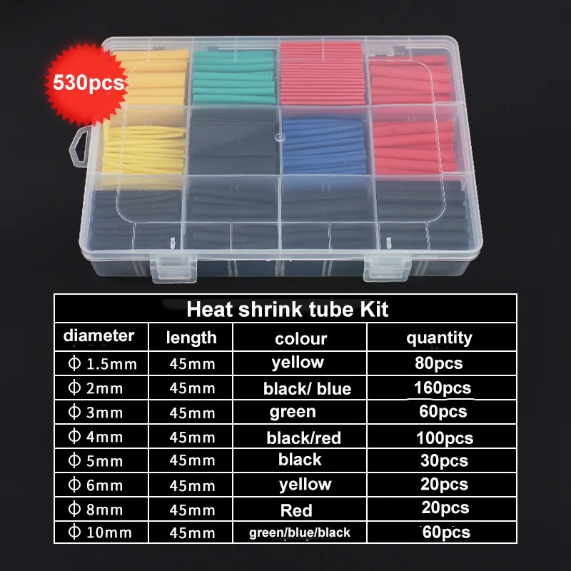 164-530PCS Thermoresistant Tube Heat Shrink Tubing for Wires Cable Insulation Shrinkable Sleeve Heat Shrink Tubes Assortment Kit