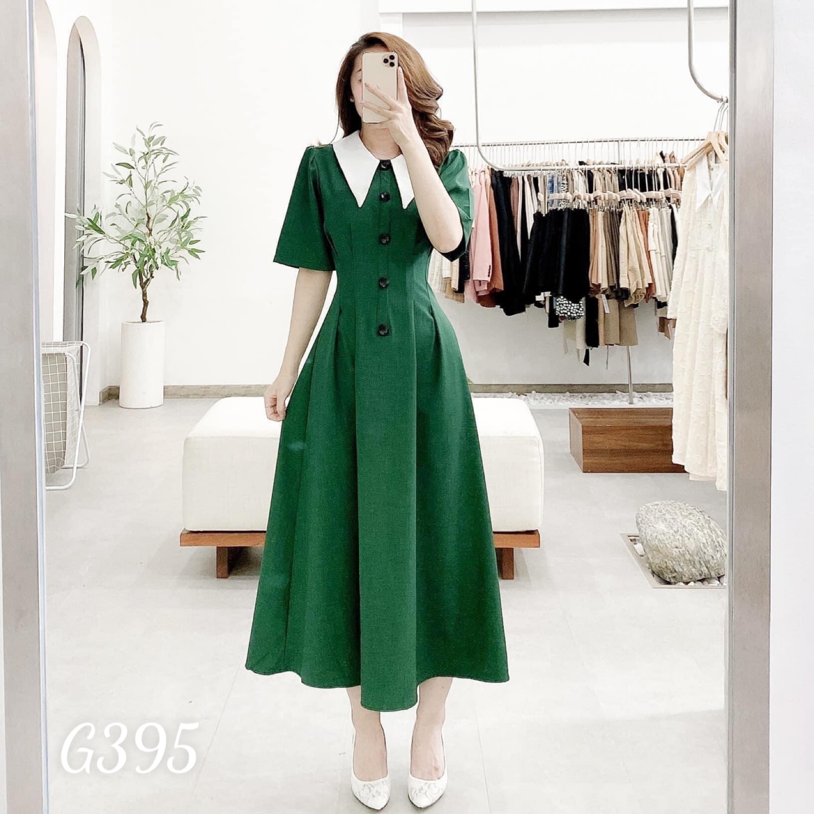 Đầm xoè maxi xếp ly cổ bẻ phối nút dạo phố voan lụa G395