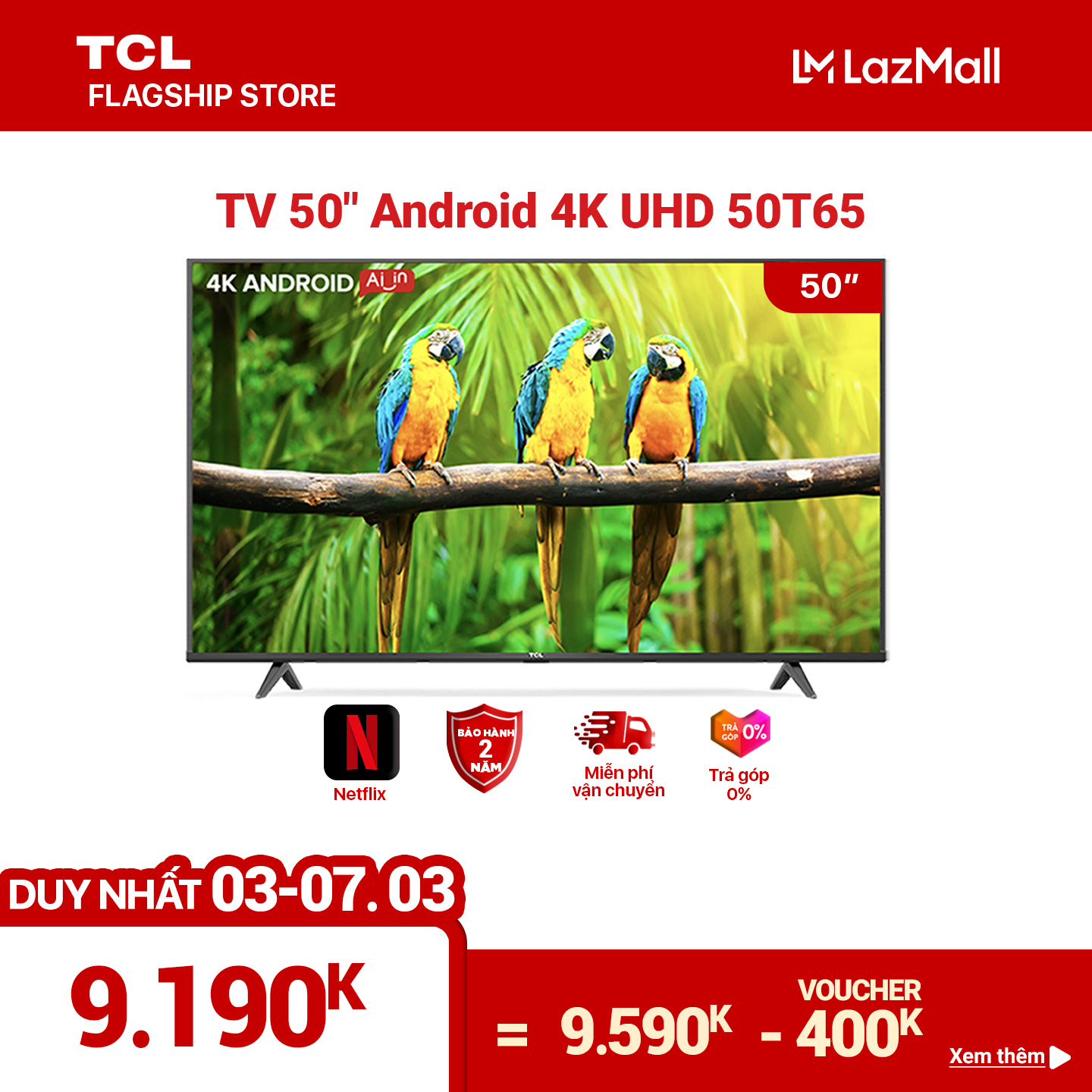 Tivi TCL 50 inch Android 9.0 – 4K UHD – 50T65 – Gam Màu Rộng , HDR , Dolby Audio – Bảo Hành 2 Năm , trả góp 0%