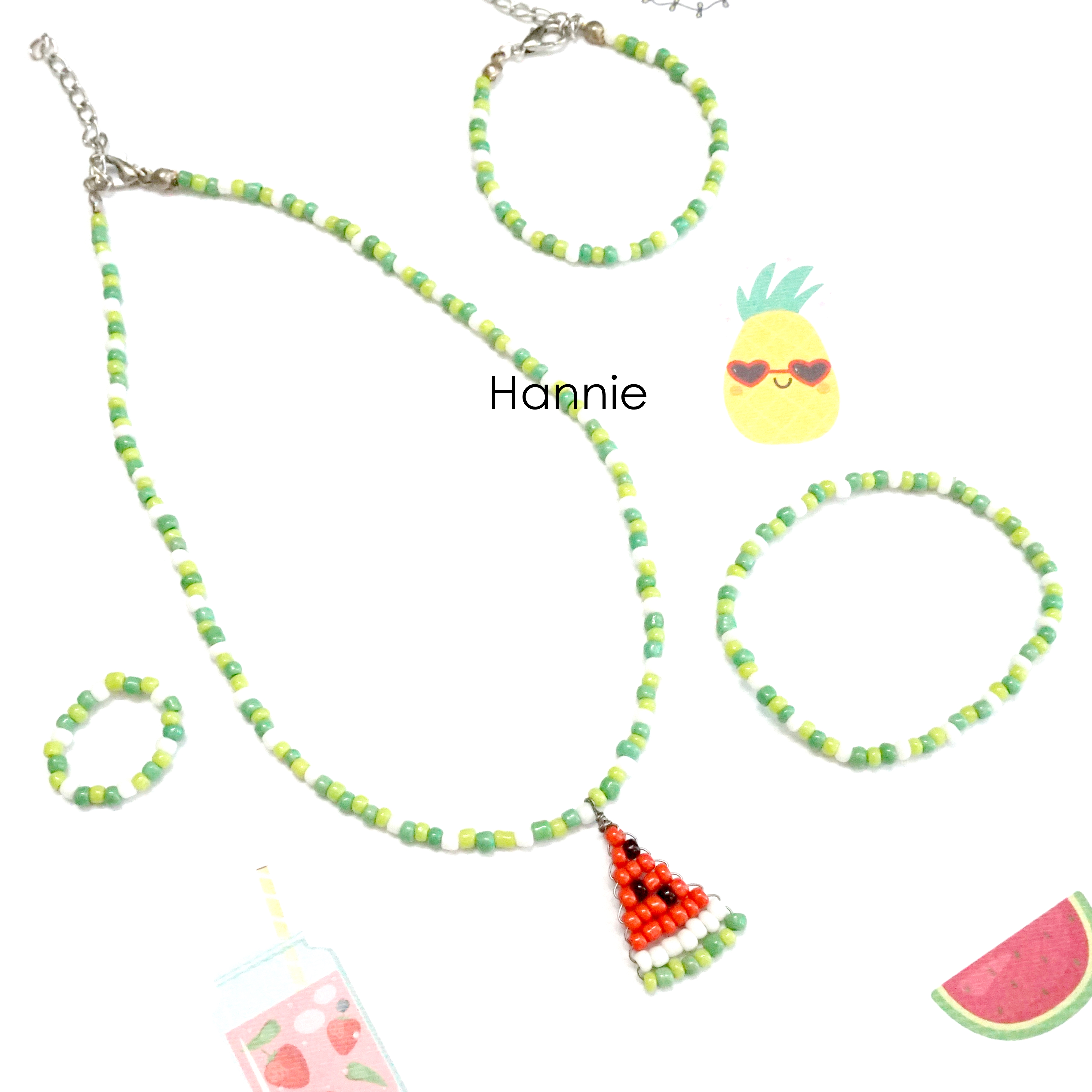 🍉 Set vòng hạt cườm dưa hấu handmade - Combo vòng tay nhẫn dành cho nam nữ handmade khóa thép không gỉ