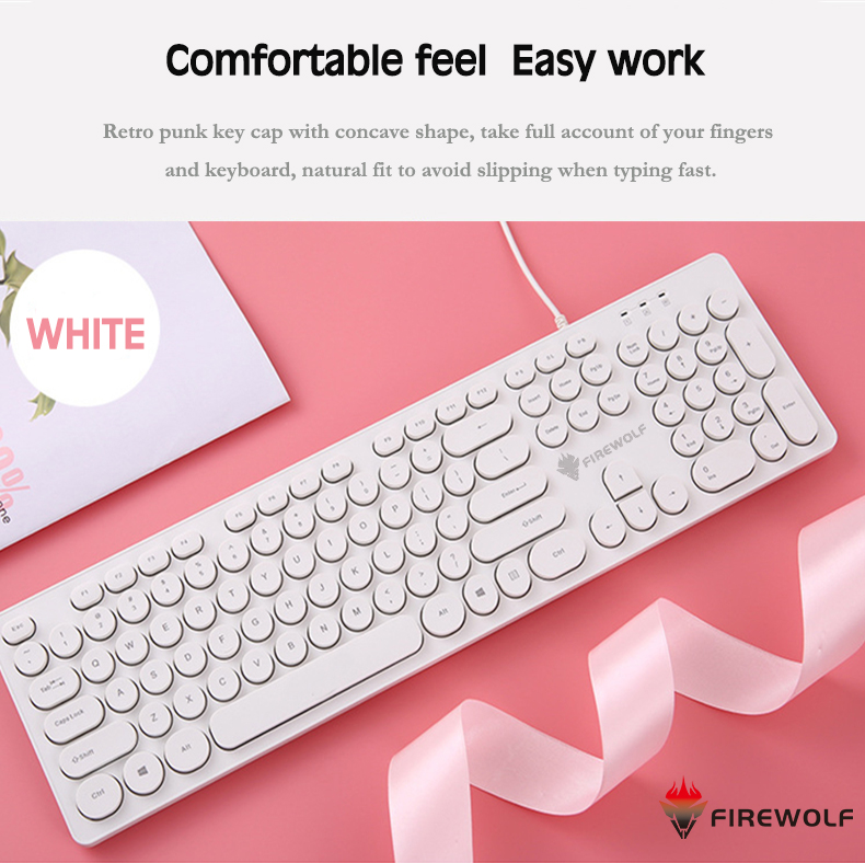 FIREWOLF Retro punk wired keyboard mute button girl cute style FW-K60 ...