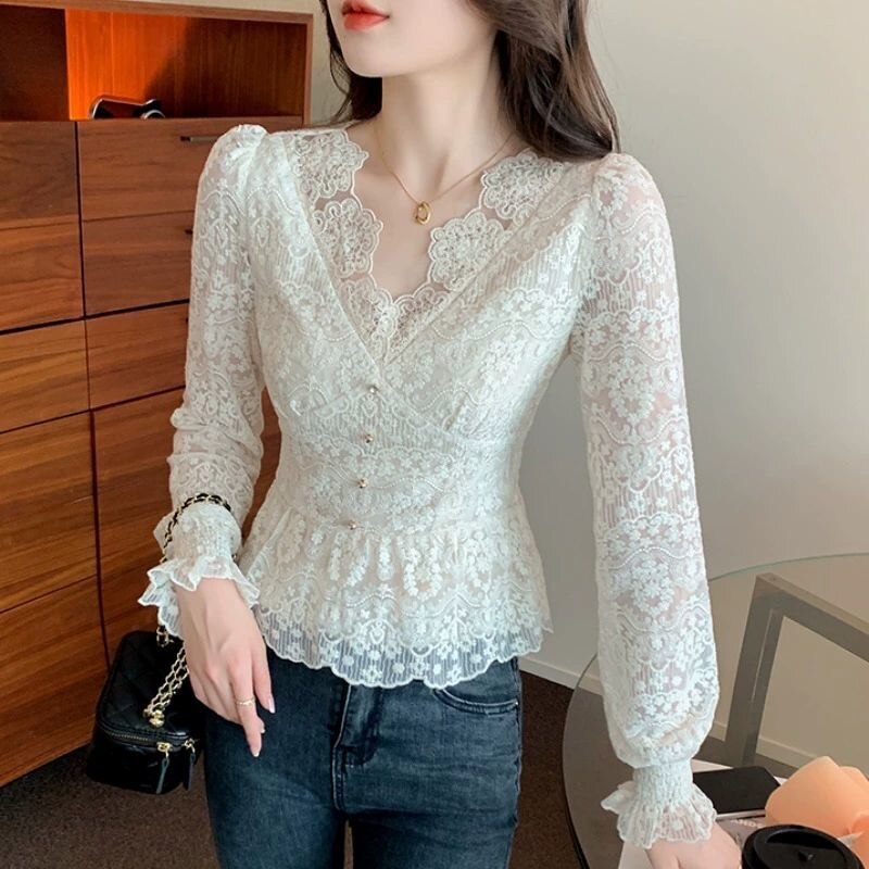 Spring Casual Solid Shirt Tops Long Sleeve Women Blouse V Neck