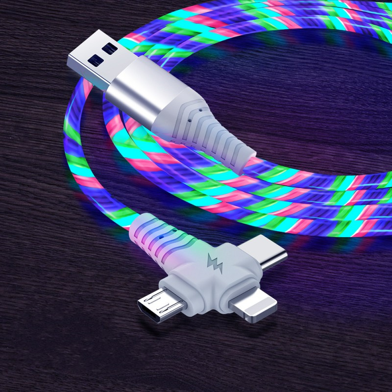 3 in 1 LED Glow Flowing Charging Cable USB Type C Luminous Lighting Fast Charger Micro USB Wire Compatible with iPhone Android Phone Lighting USB Cable