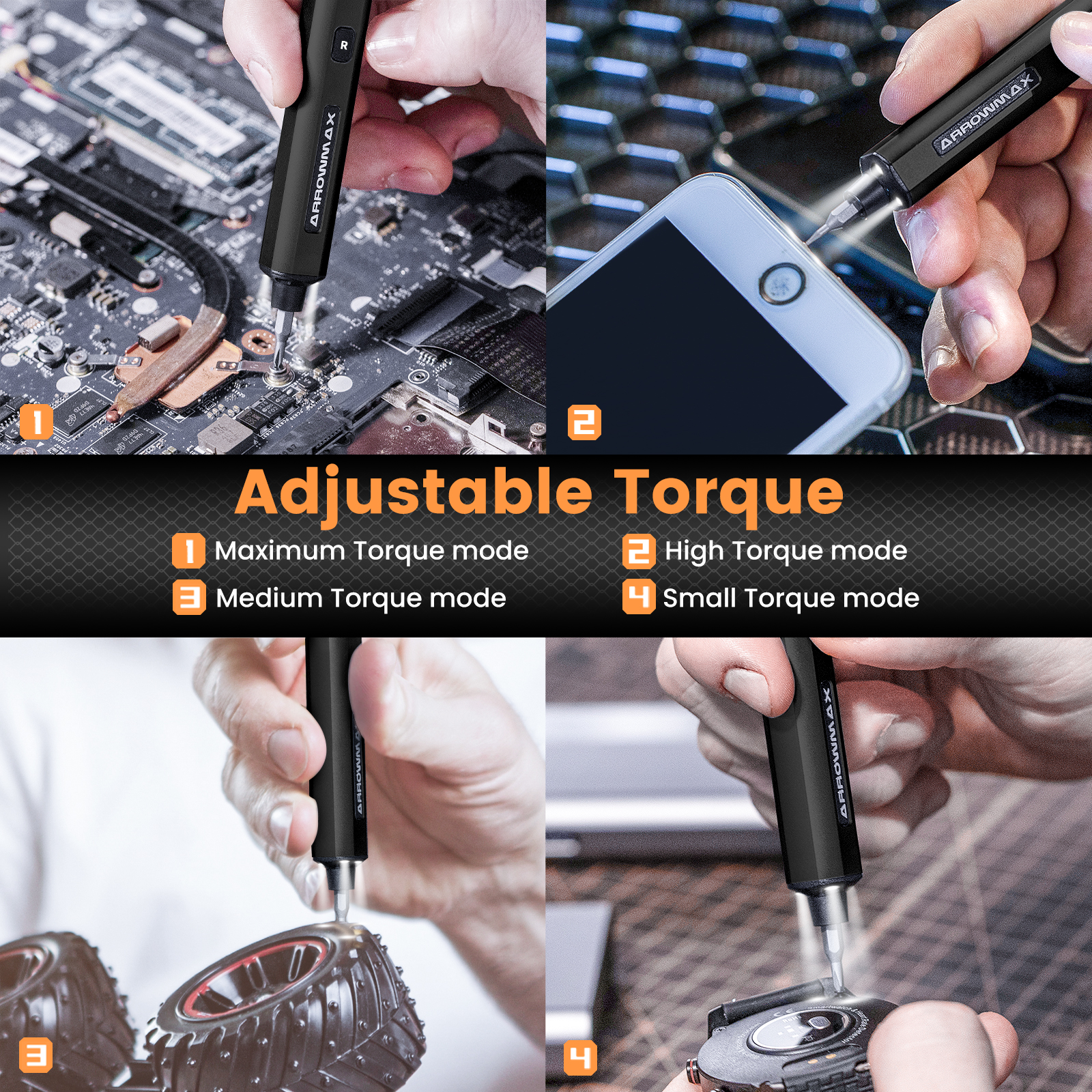 ARROWMAX Precision Electric Screwdriver Set with 34 Magnetic Bits 4 Gears Torque Rechargeable Cordless Screwdriver (SES).