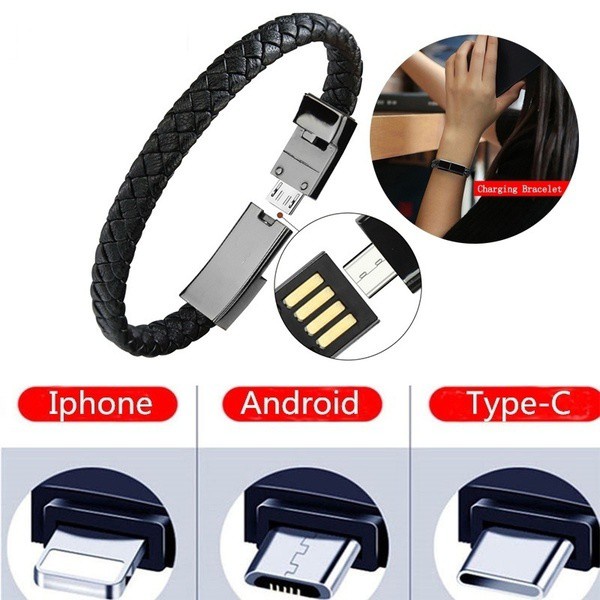 Portable Leather Wristband Bracelet Data Cable Fast Charging Micro USB Type C Charging Cable
