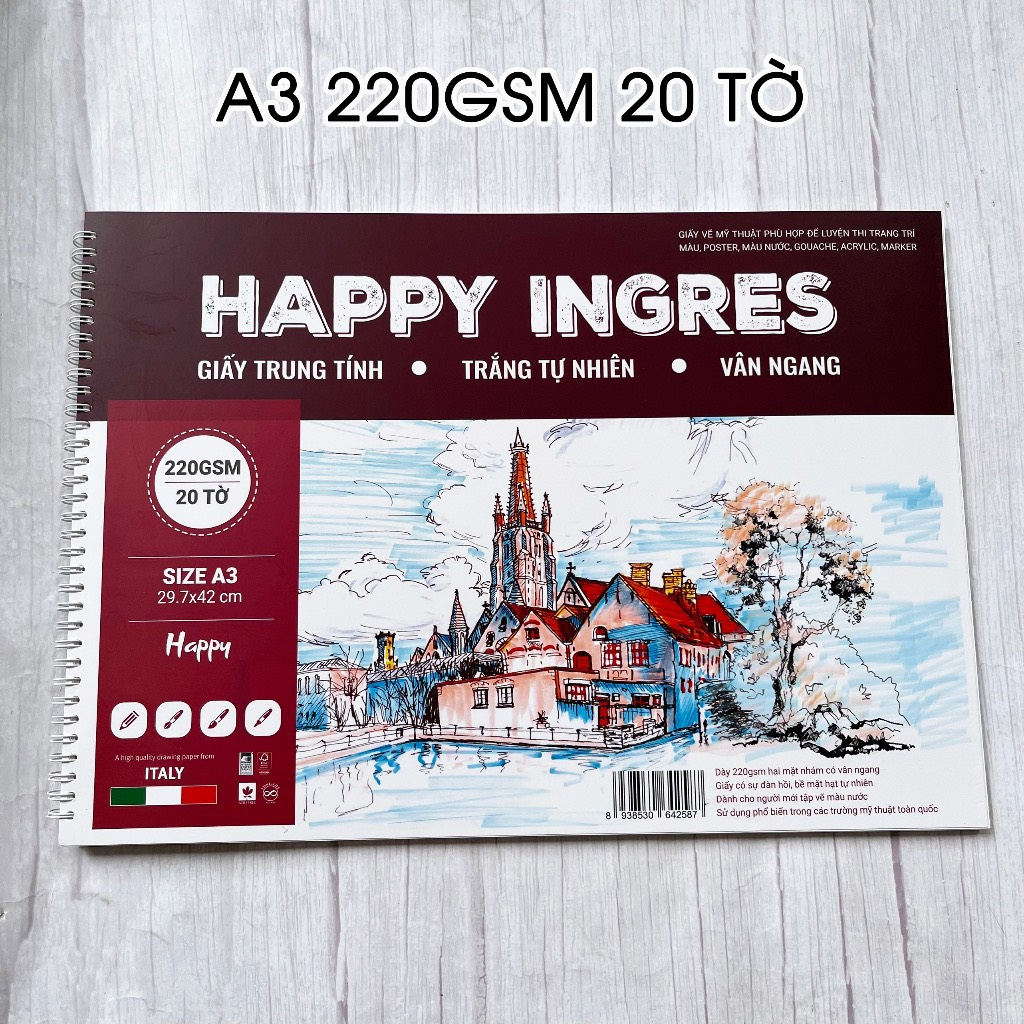 Sổ Vẽ Happy Canson Ingres Vân Ngang A4/A3 220gsm (Giấy vẽ Màu nước, Acrylic, Marker, Màu Sáp...)