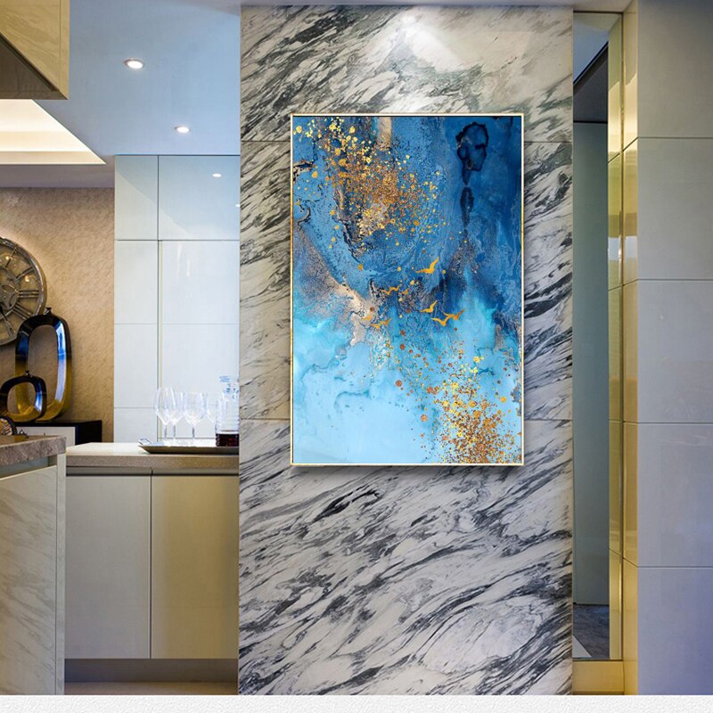 Decorative Painting Modern Light Luxury Simple Abstract Blue Sea and Golden Sand Nordic Wall Art Canvas Painting for Living Room 1PCS Inner Framed or No Frame