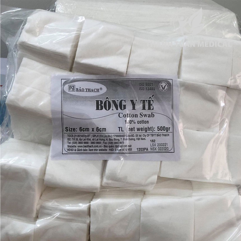 Bông gòn cắt miếng, bông gòn vuông 6x6cm Bảo Thạch bịch lớn 500g
