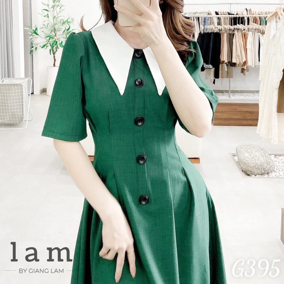 Đầm xoè maxi xếp ly cổ bẻ phối nút dạo phố voan lụa G395