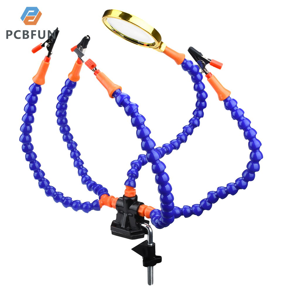 Pcbfun Bench Clamp Soldering Bench with 5 Flexible Arms Universal Arm Soldering Iron Holder PCB Soldering Repair Tool with Magnifying Glass