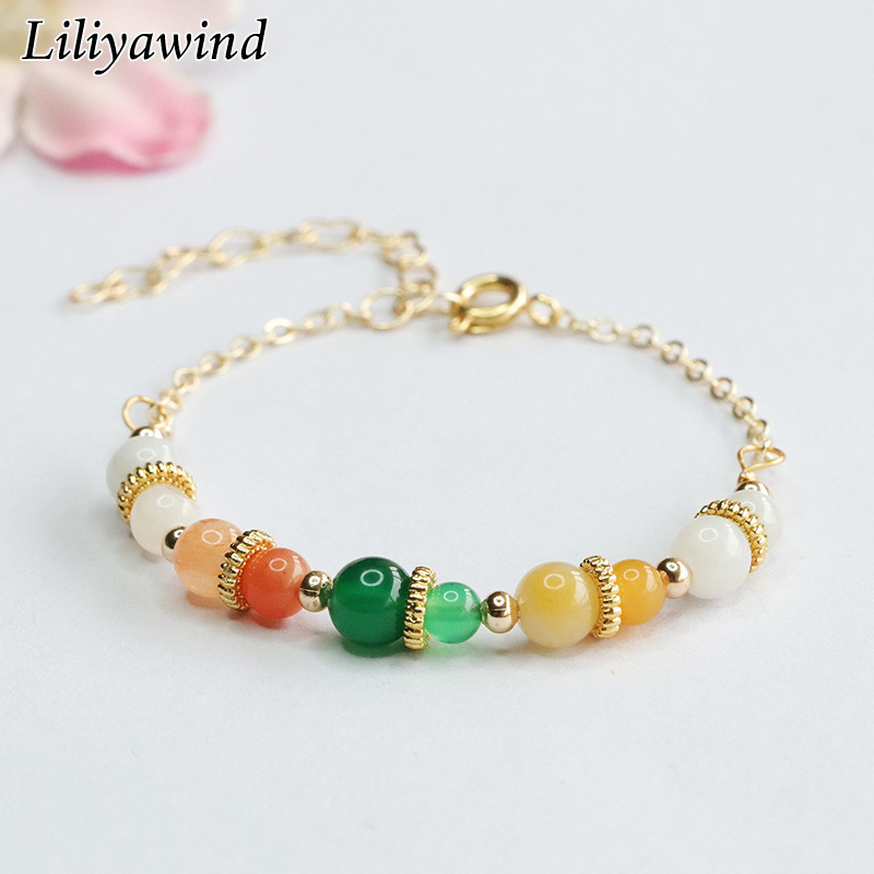 LILIYAWIND Fashion Natural Jade Chalcedony Multicolor Round Beaded Copper Women Bracelet