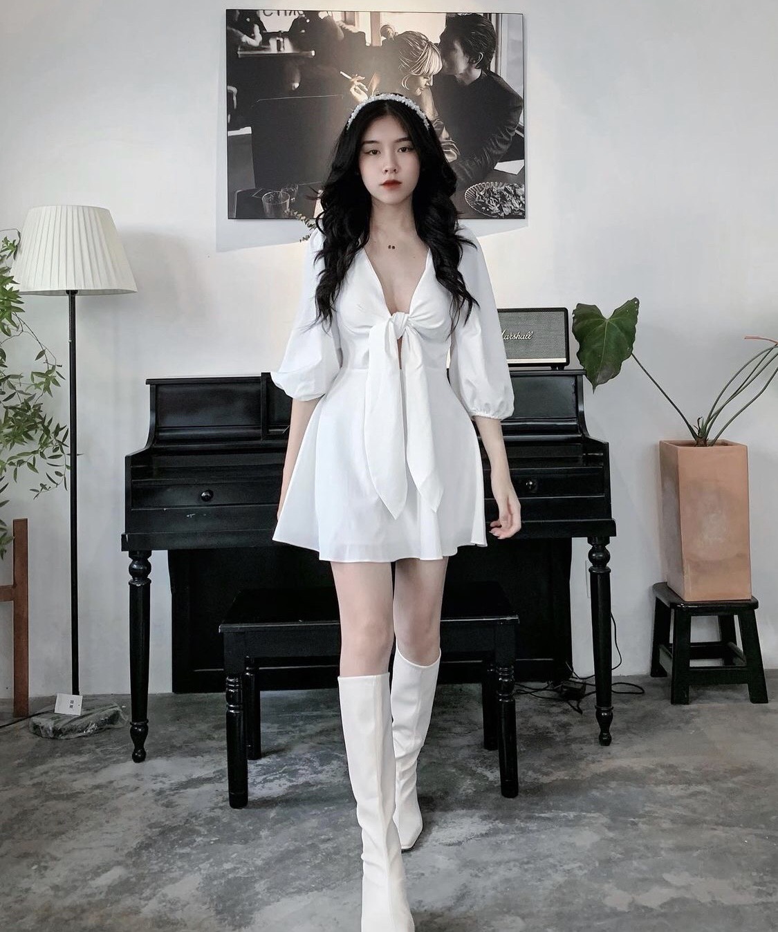Đầm tay phồng cột nơ ngực H3734