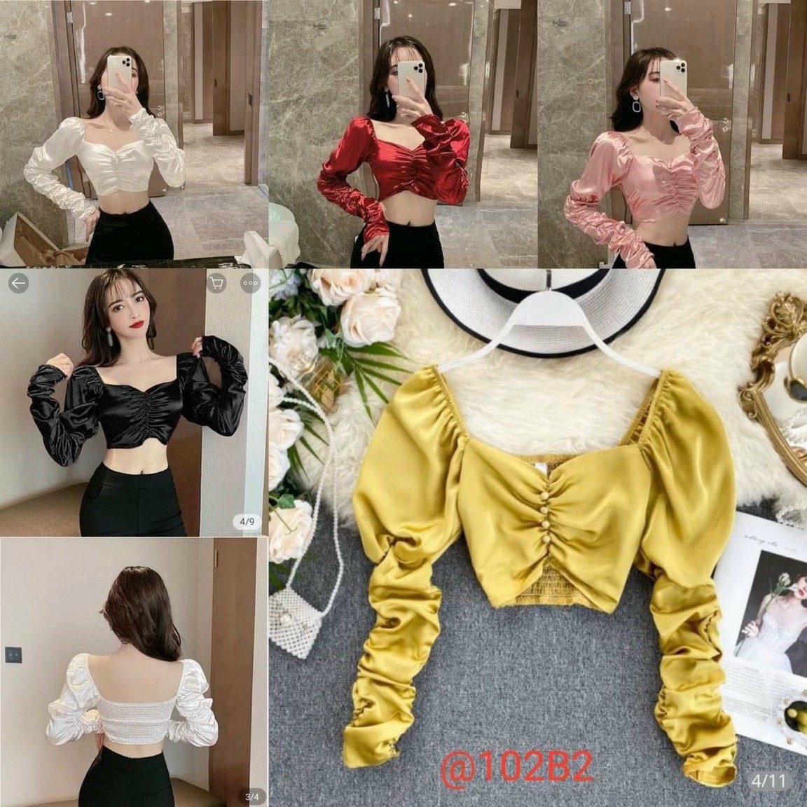 Áo kiểu phi lụa cổ U phôi nhún nút ngực tay áo nhún nhún cực xinh , chất phi lụa mềm mịn