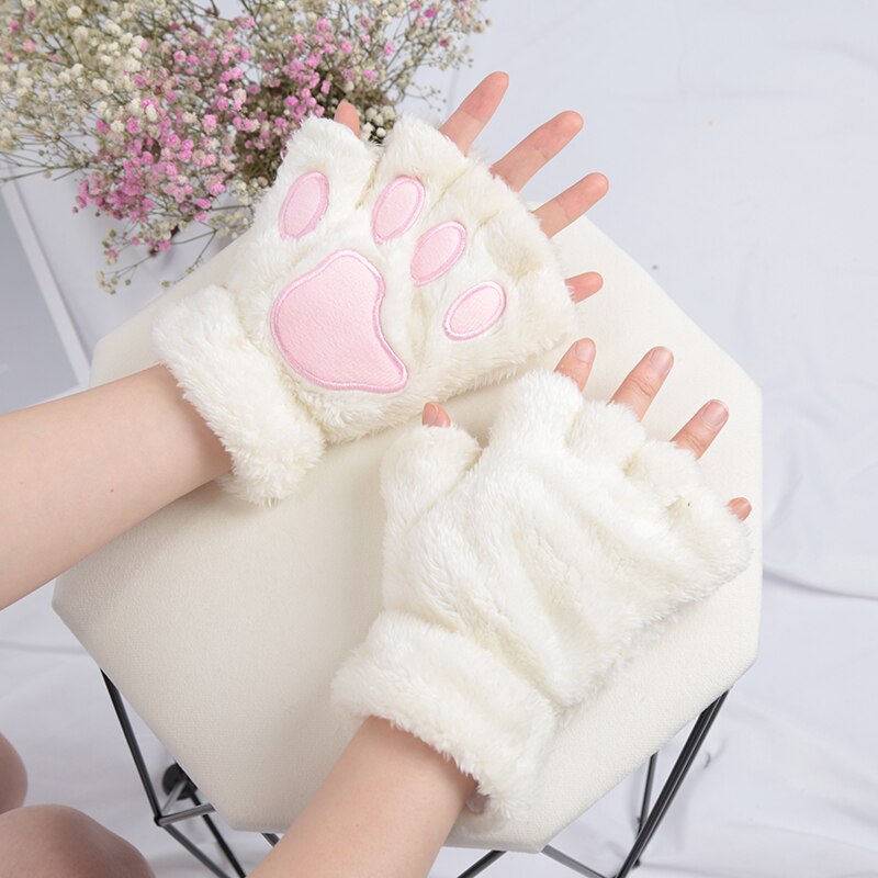 New Kawaii Women Warm Cat Gloves Fashion Girls Cat Claw Paw Plush Mittens  Soft Plush Short Fingerless Half Finger Winter Gloves