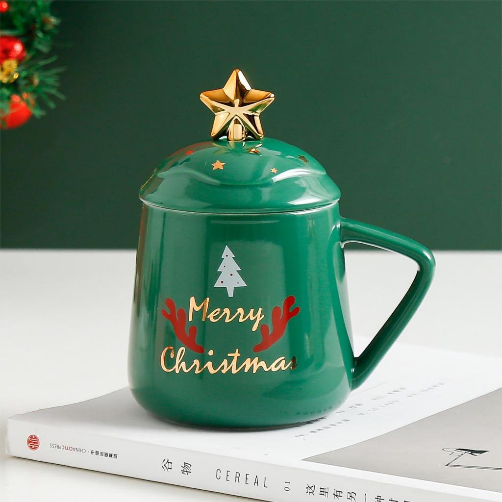 Ly sứ Giáng Sinh ông già Noel 400ml, muỗng ngôi sao lung linh, Cốc sứ cây thông Merry Christmas, Ly sứ có quai