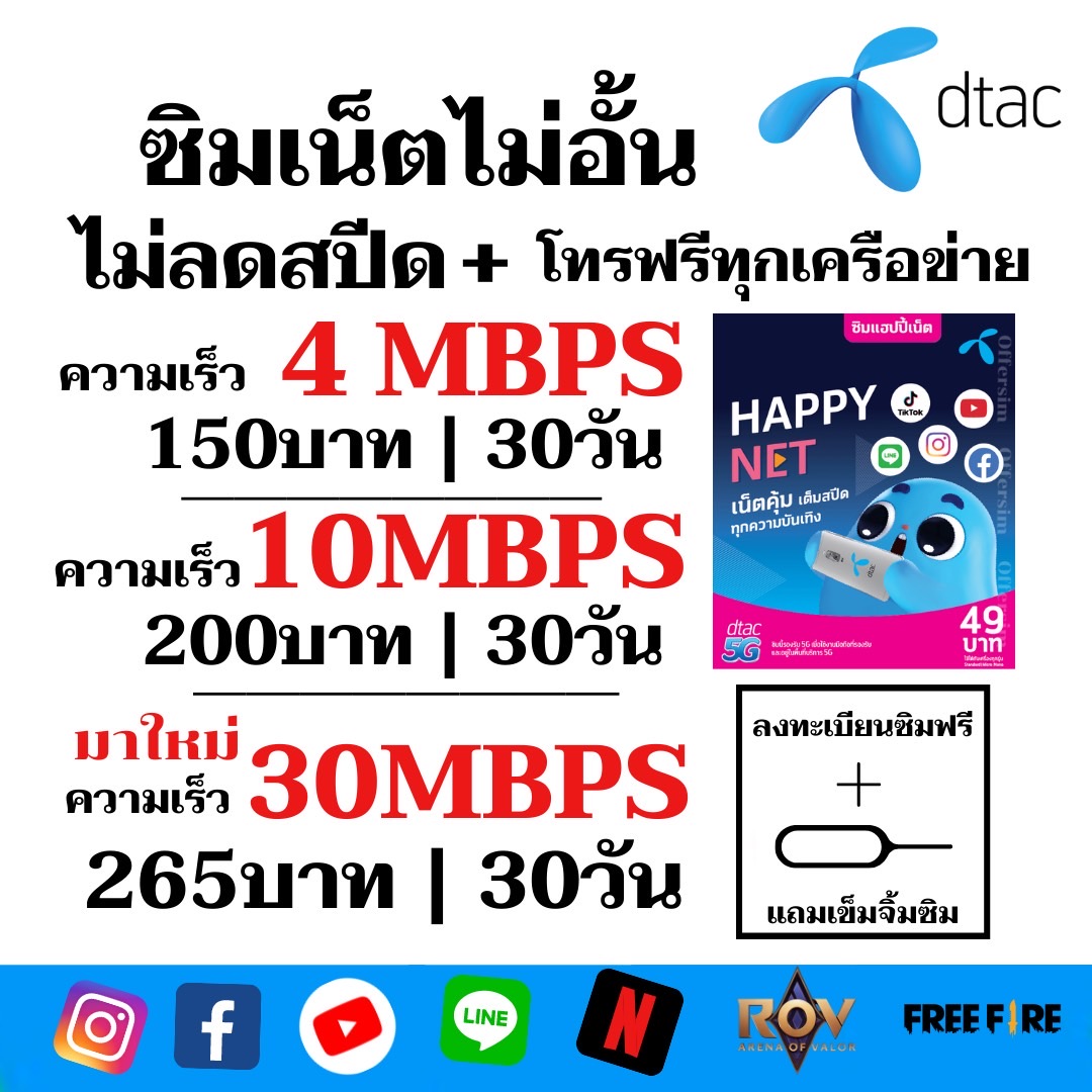 ซิมเทพ ดีแทค Dtac ????*เล่นไม่อั้น ไม่ลดสปีด (ทั้งเดือน) เพิ่มโทรฟรีทุกเครือข่าย  ความเร็ว 4Mbps (เดือน150฿), 15Mbps(เดือน200฿),30Mbps(เดือน265฿ - Happysim -  Thaipick