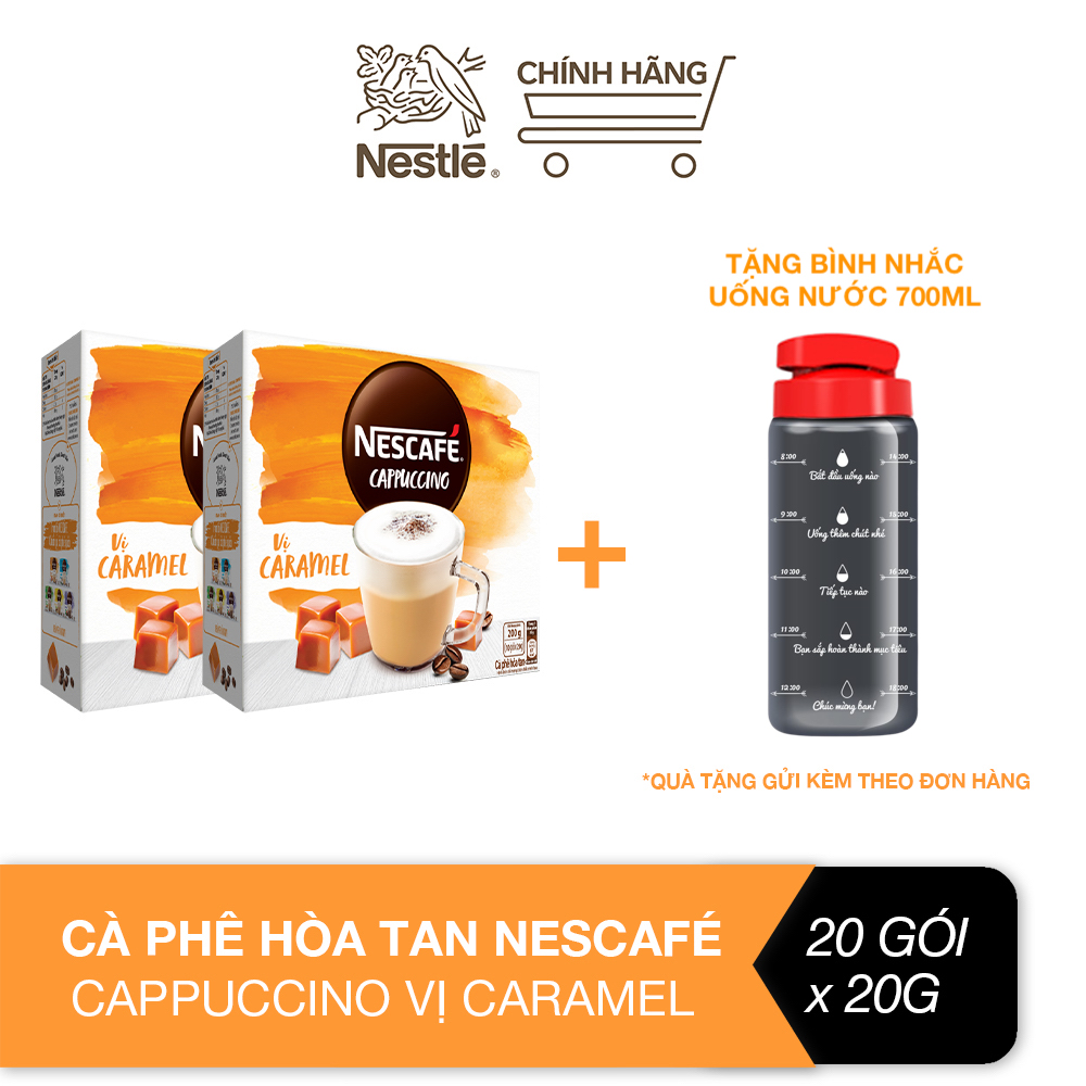 [Tặng 1 bình nước Water Reminder 700ml] Combo 2 hộp cà phê hòa tan Nescafé Cappuccino vị caramel (Hộp 10 gói x 20g)