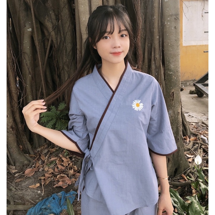 Đồ lam đi chùa # nhật nơ thêu hoa cúc # đồ bộ nữ # quần áo nữ