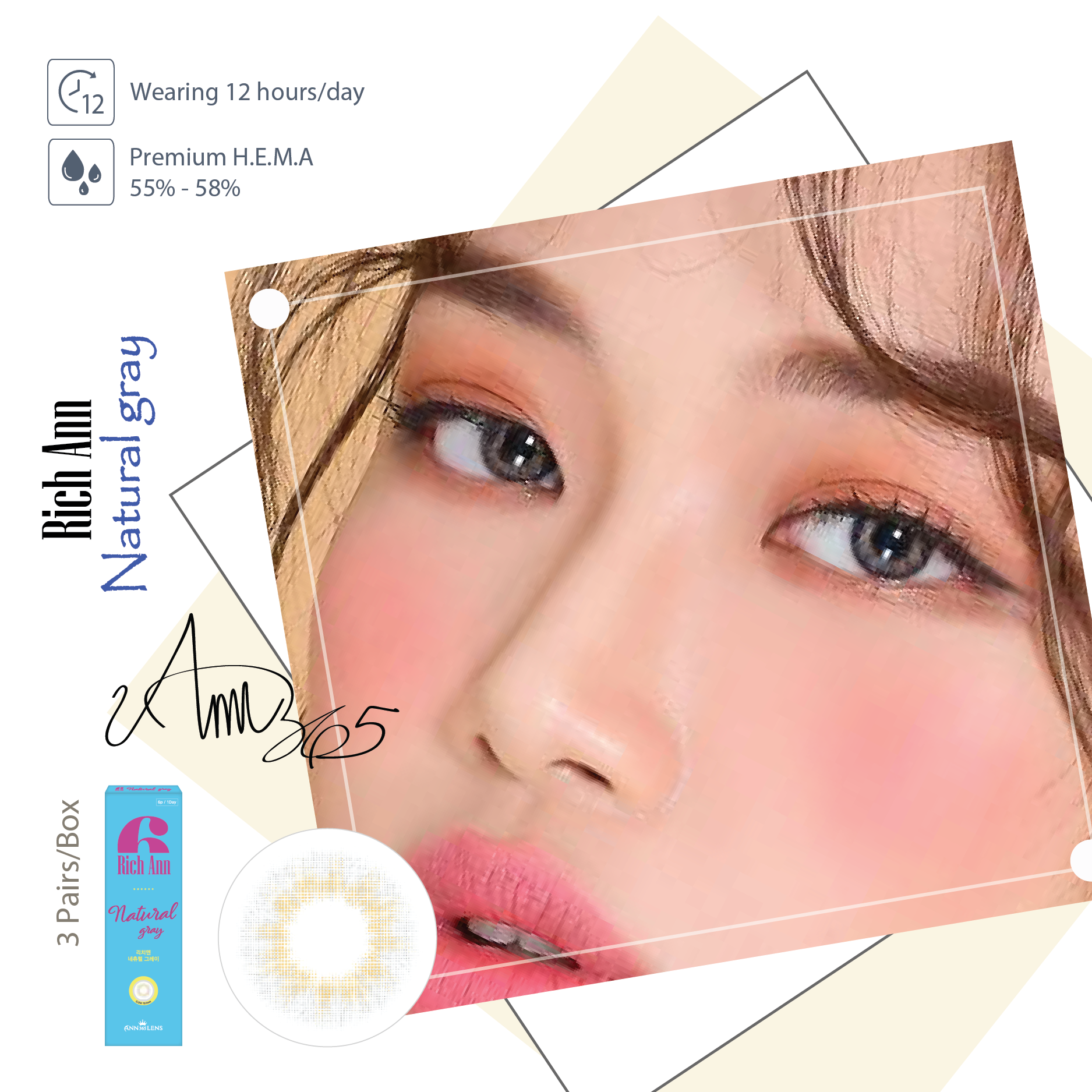[𝟏 𝐇𝐎̣̂𝐏] Lens Mắt Cận 1 Ngày Màu Xám Rich Ann Natural Gray Kính Áp Tròng Nội Địa Hàn Cho Mắt Nhạy Cảm - Lens Ann 365 Việt Nam