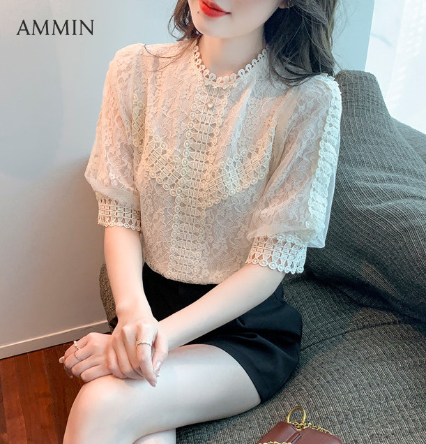 AMMIN 2023 new summer short-sleeved embroidered crocheted hollow round neck lace shirt women's Korean style retro crocheted puff sleeves sweet and elegant blouse female ins tops