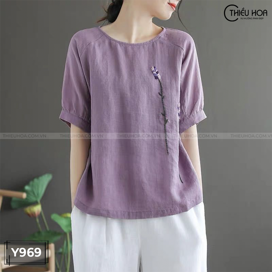 Áo Kiểu Nữ Linen Tay Bồng Thiều Hoa Y969
