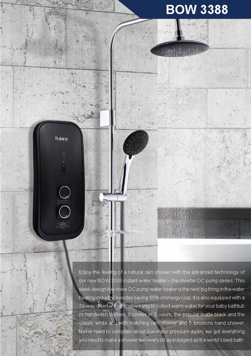 Rubine Water heater Bow 3388 Rain shower with DC pump RWH-3388B
