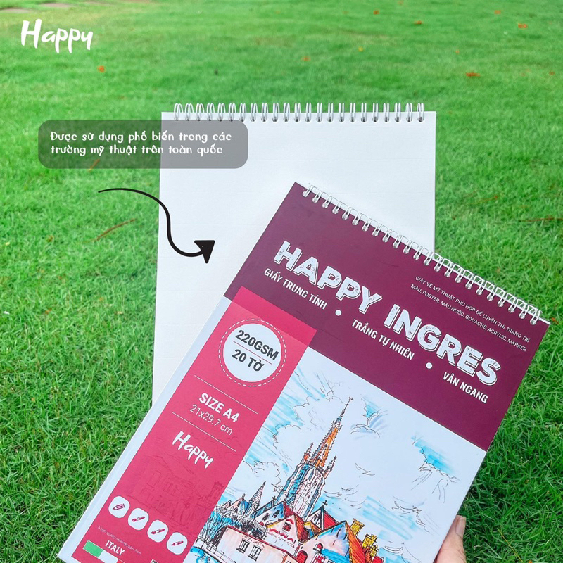 Sổ Vẽ Happy Canson Ingres Vân Ngang A4/A3 220gsm (Giấy vẽ Màu nước, Acrylic, Marker, Màu Sáp...)