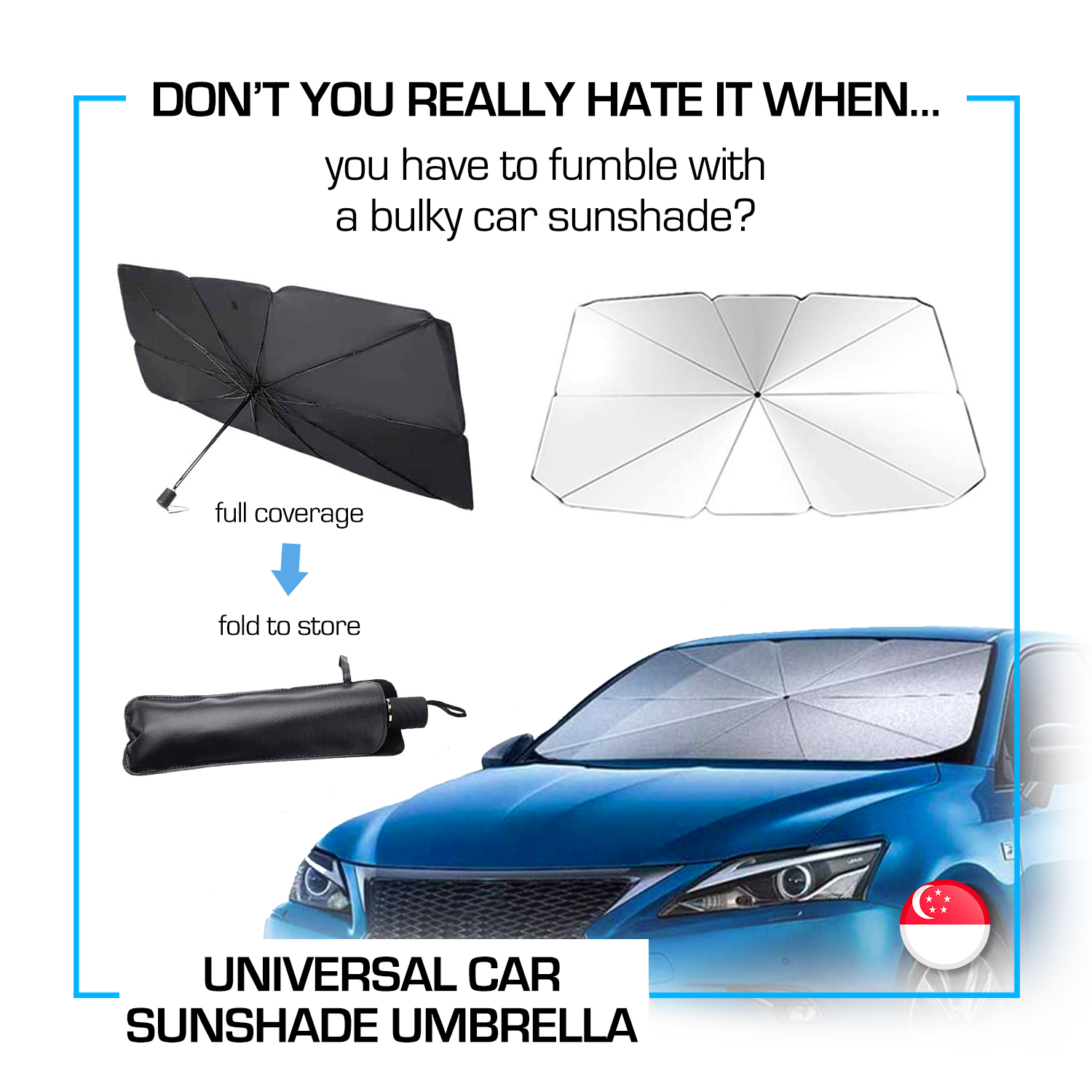 SG] Universal Car Sunshade Umbrella, No installation, Reflective Sunshield  material, Keeps car cool, Block Sun UV on Windshield, Foldable, Compact,  Convenient, Effective