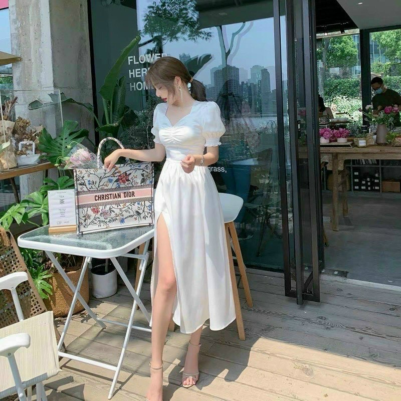 Đầm tay phồng nhún ngực xẻ tà T&H
