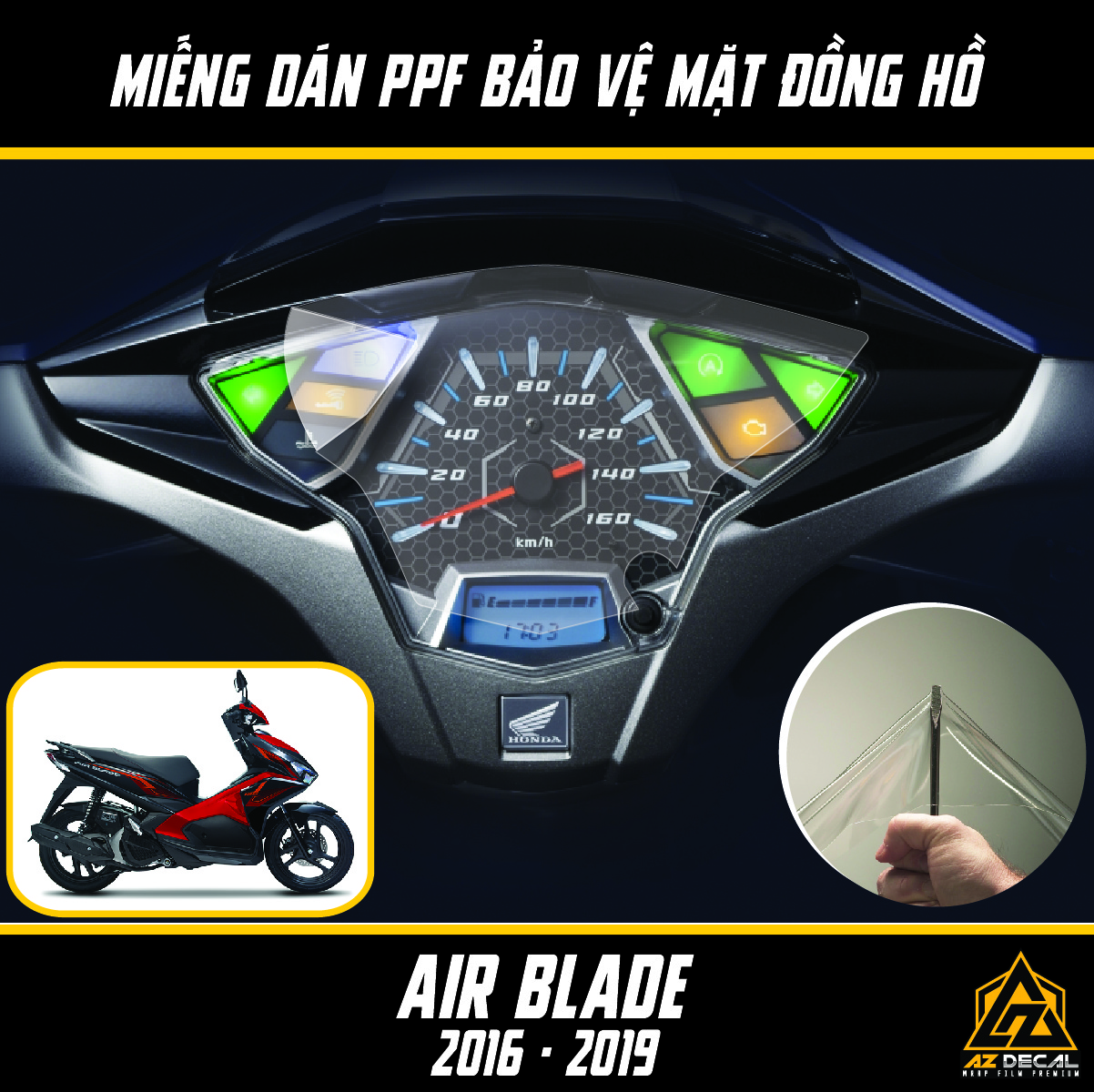 Film PPF Dán Bảo Vệ Đồng Hồ Xe Honda Airblade 2016 2017 2018 2019 | Miếng Dán Decal Trong Suốt Chống Xước, Chống Nước Cắt Sẵn Khuôn Dễ Dán Tại Nhà - Azdecal