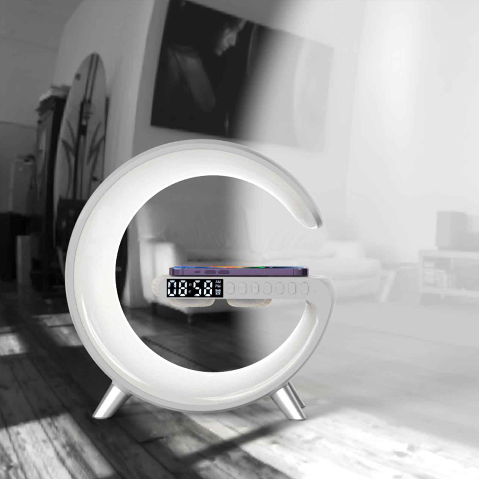Intelligent G-shaped Bluetooth-compatible Speaker Digital Display Screen Alarm Clock Speaker for Women Men Bedroom Living Room