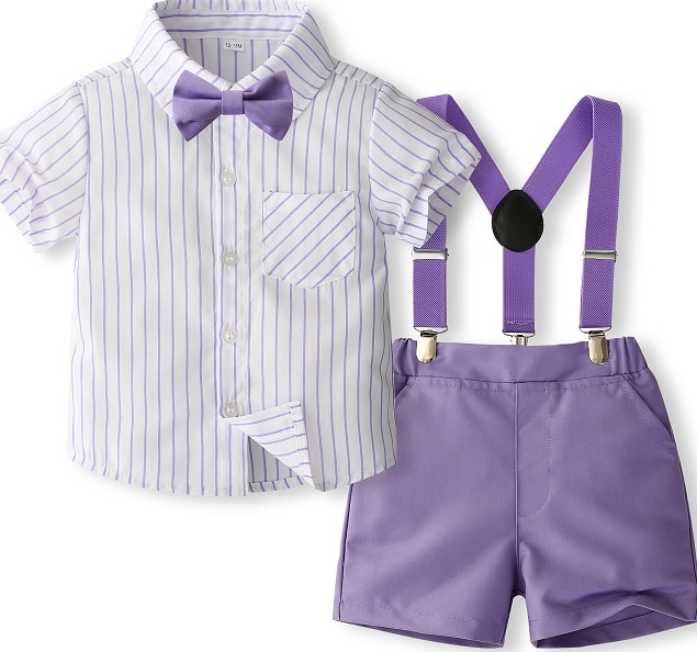 Heartandsoul- Boy Gentleman Outfit Vertical Stripe Print Short Sleeves Shirt with Bow Tie and Suspender Shorts Set for Formal Wear